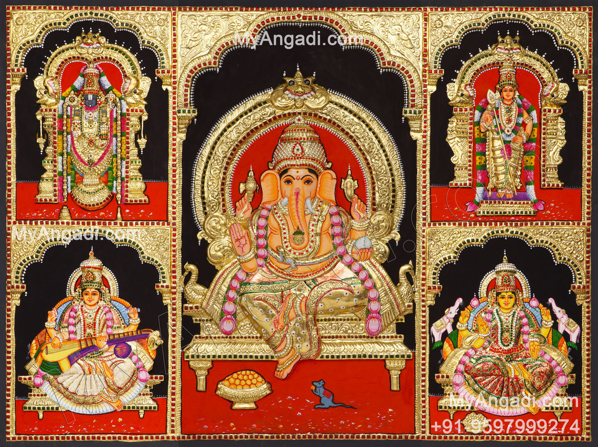 Balaji, Lakshmi, Ganesha, Saraswathi and Murugan - 5 Panel 3d Tanjore Painting