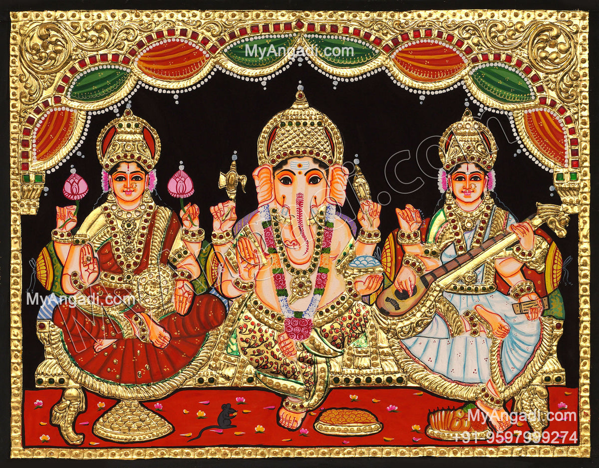 Ganesha Lakshmi Saraswathi Tanjore Painting