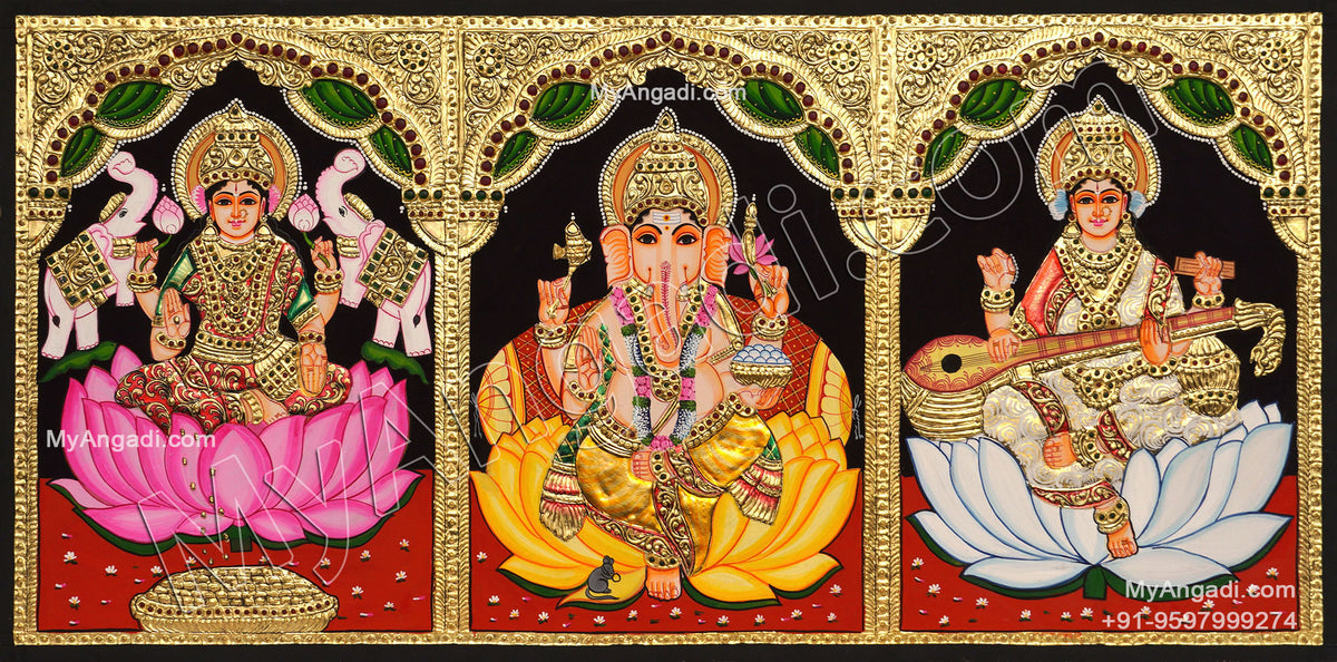 3 Panel Ganesha Lakshmi Saraswathi Tanjore Painting