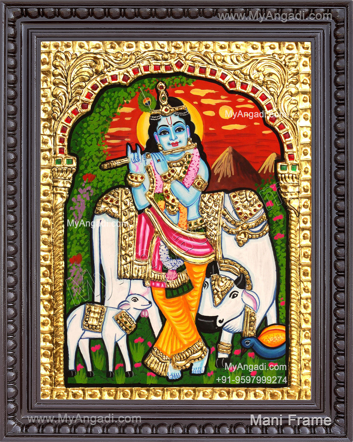 Krishna With Cow Calf Tanjore Paintings