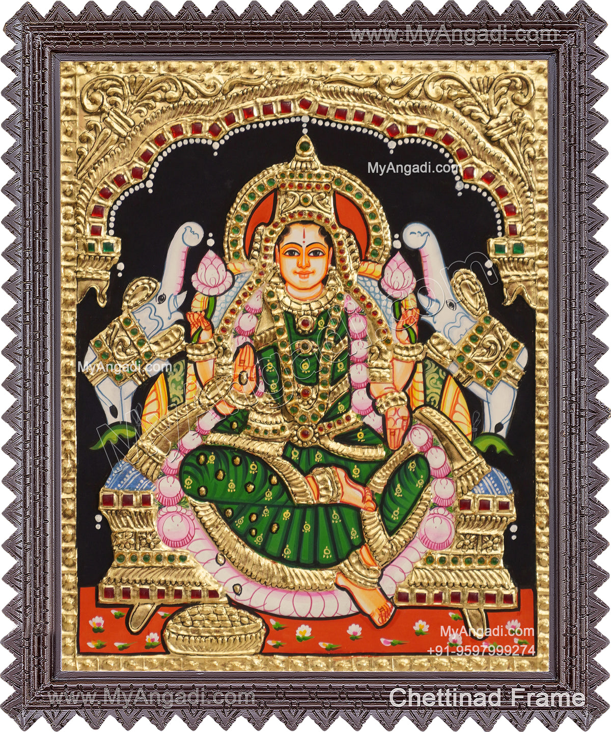Gajalakshmi with Green Saree Tanjore Painting