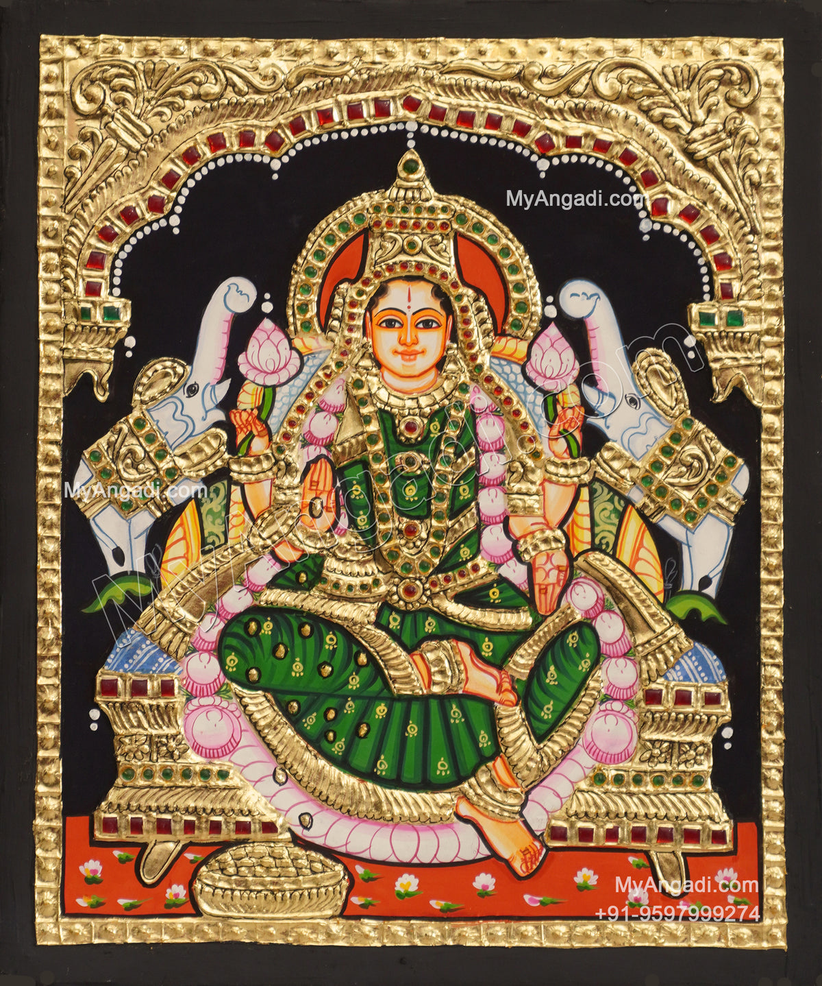 Gajalakshmi with Green Saree Tanjore Painting