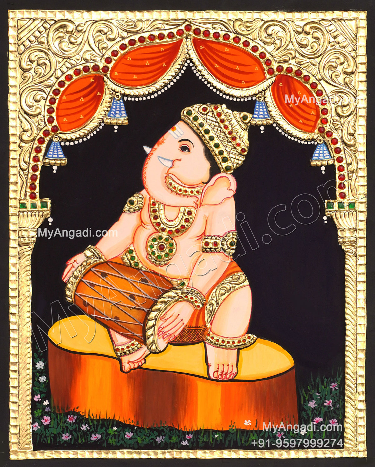 Ganesha Playing Tabla Tanjore Painting