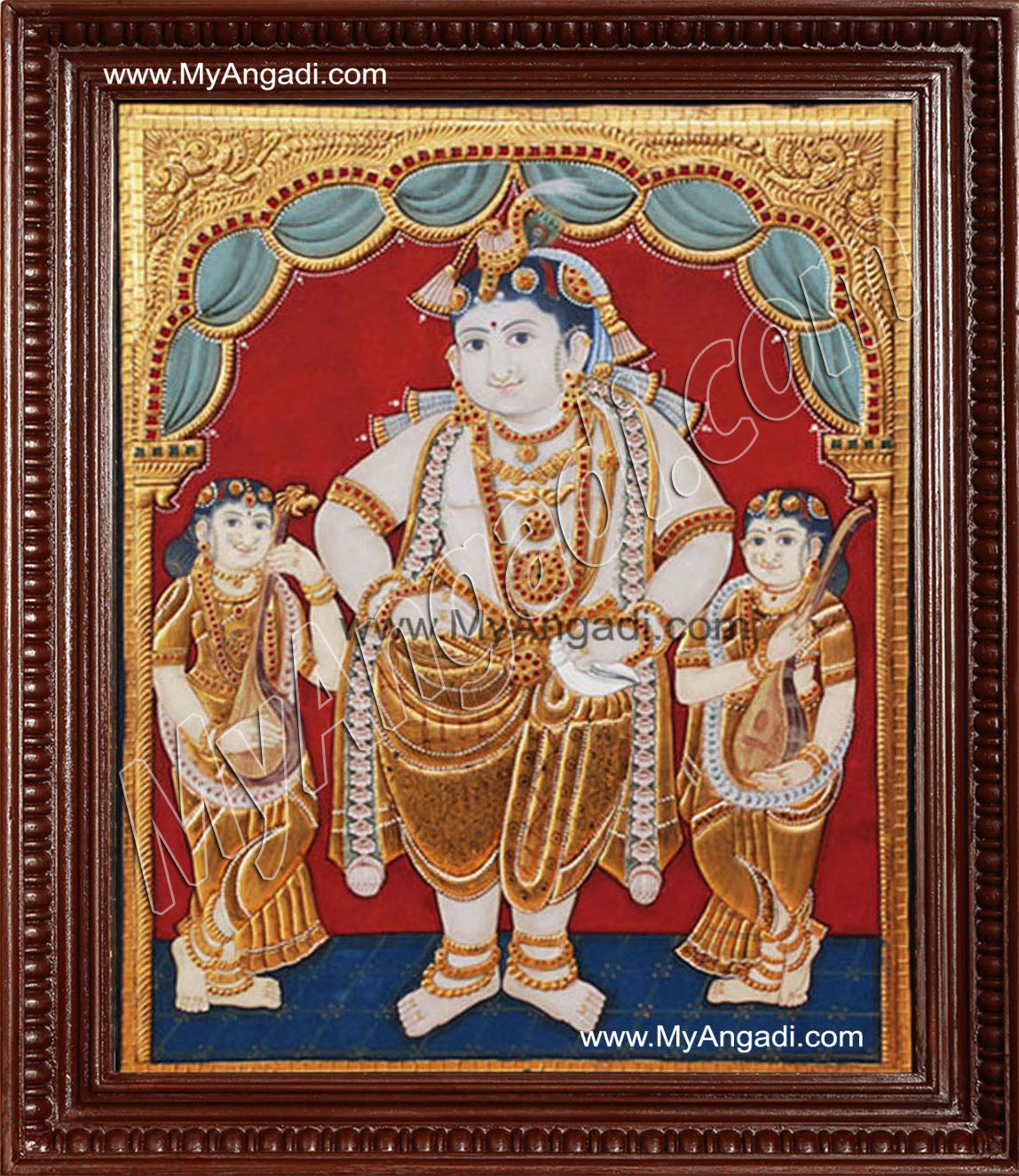 Antique Krishna Bama Rukmani Tanjore Painting, Krishnar Bama Rukmani Tanjore Painting
