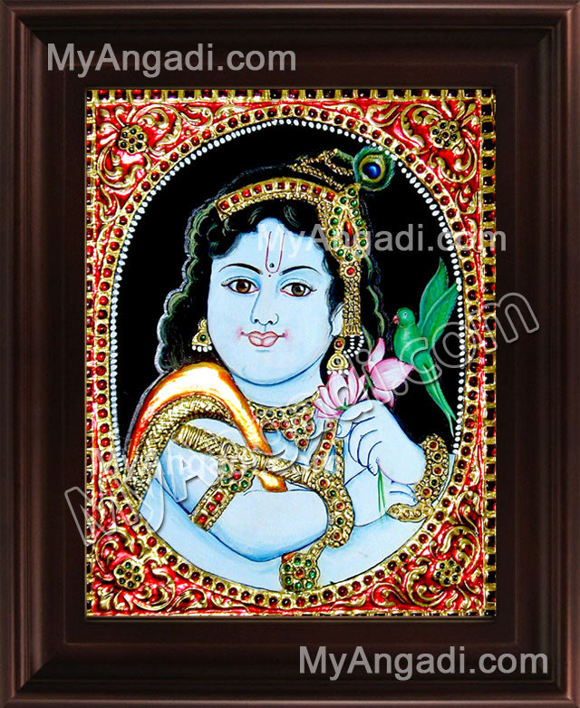 Oval Parrot Krishna Tanjore Painting, Krishna Tanjore Painting
