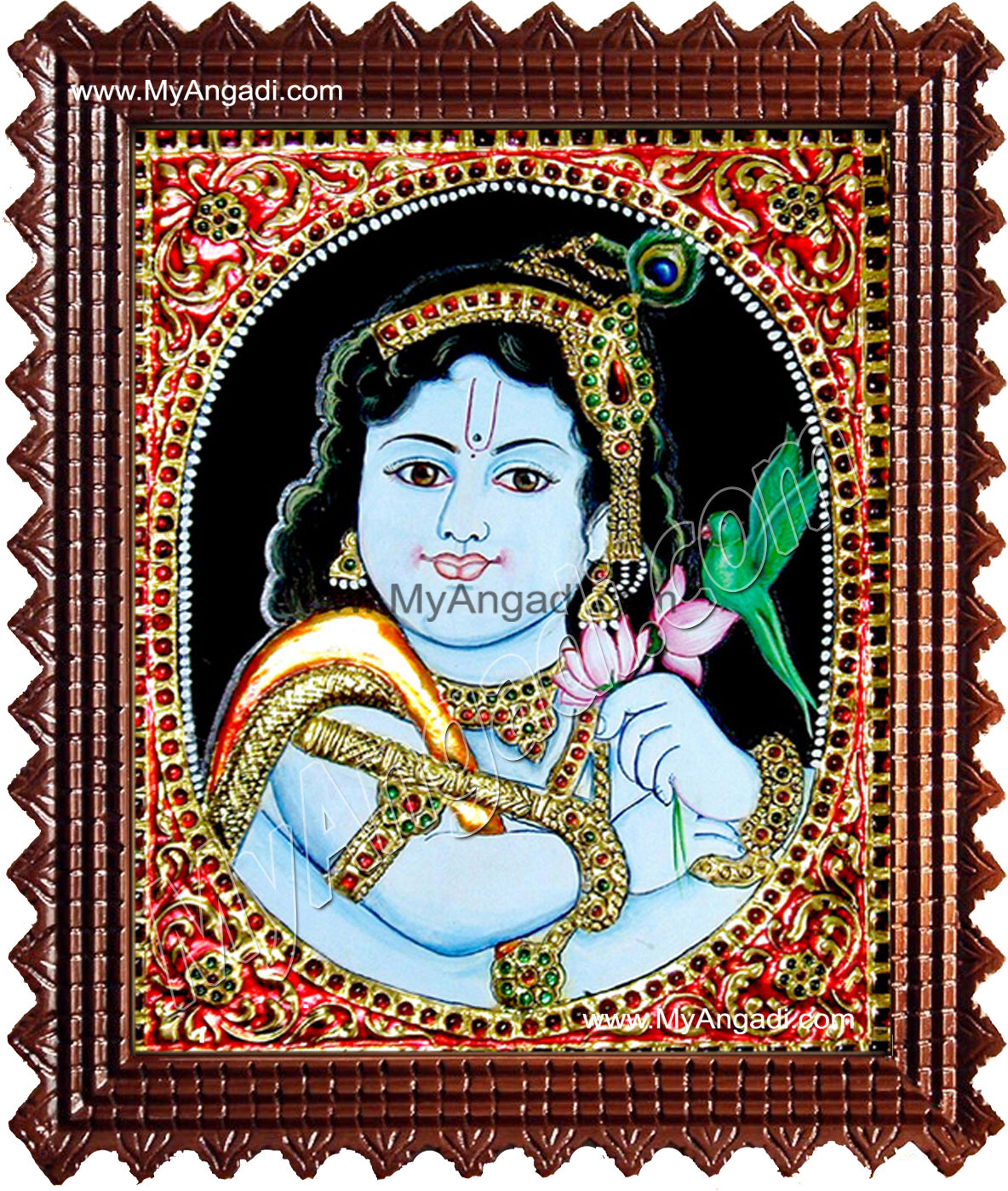 Oval Parrot Krishna Tanjore Painting, Krishna Tanjore Painting