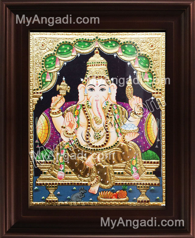 Straight Face Ganesha Tanjore Painting, Ganesha Tanjore Painting