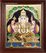 Straight Face Ganesha Tanjore Painting, Ganesha Tanjore Painting