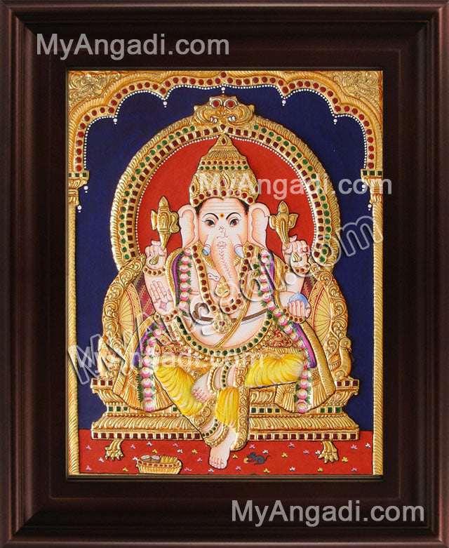 Straight Face Ganesha Tanjore Painting, Ganesha Tanjore Painting