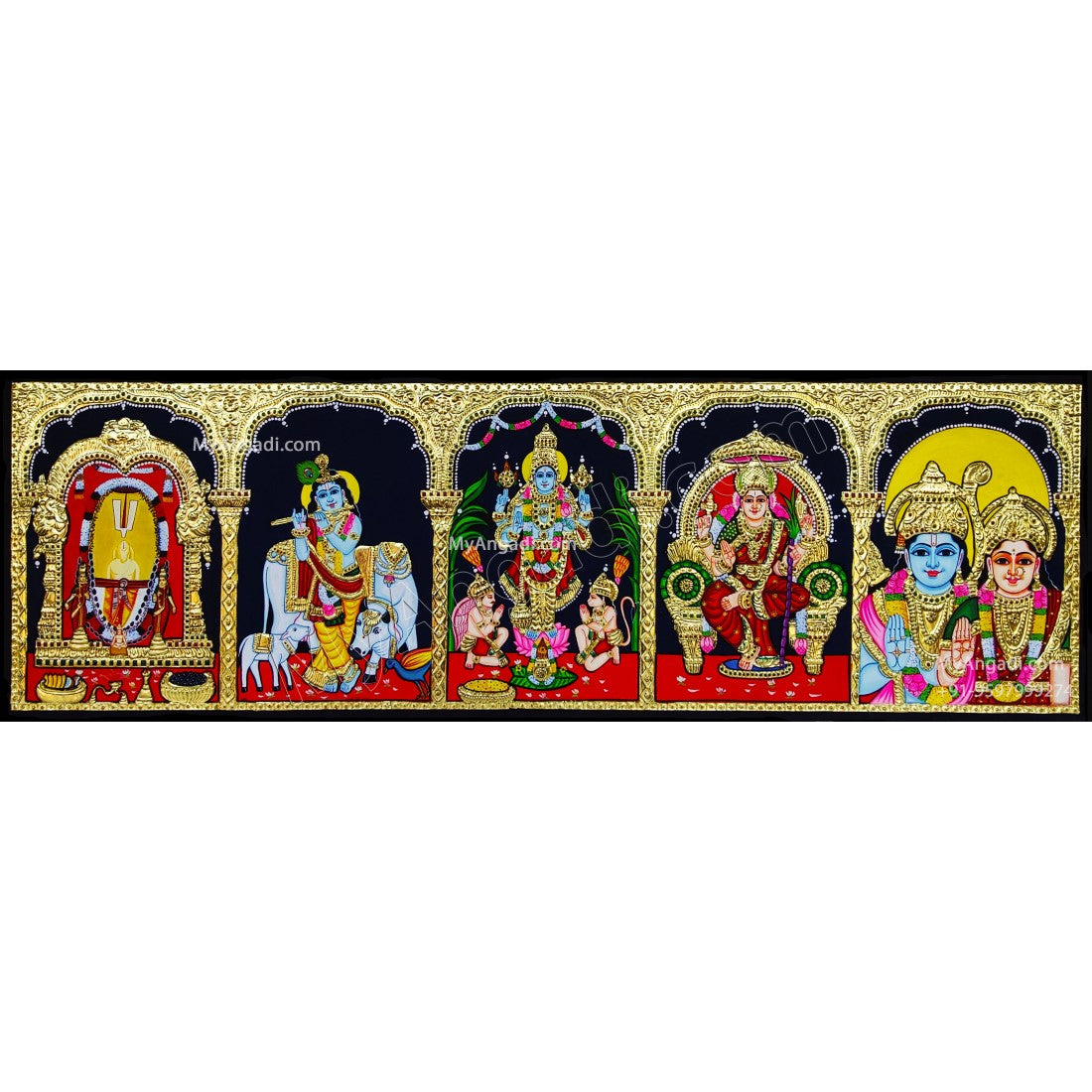 Simahadri appanna, Krishnar, Perumal with Garudan and Hanuman, Lalitha Devi, Ram Sita 5 Panel Tanjore Painting