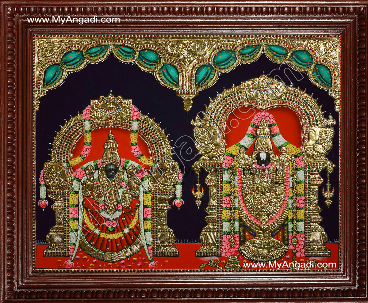 Thirupathi Venkatachalapathi &amp; Thaayar Padmavathi Tanjore Painting