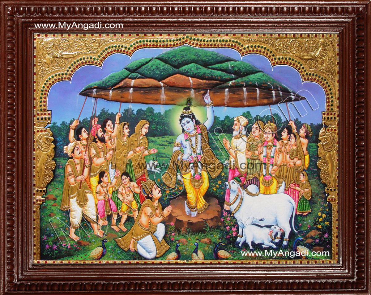 Krishna lifting Govardhana Hill Tanjore Painting