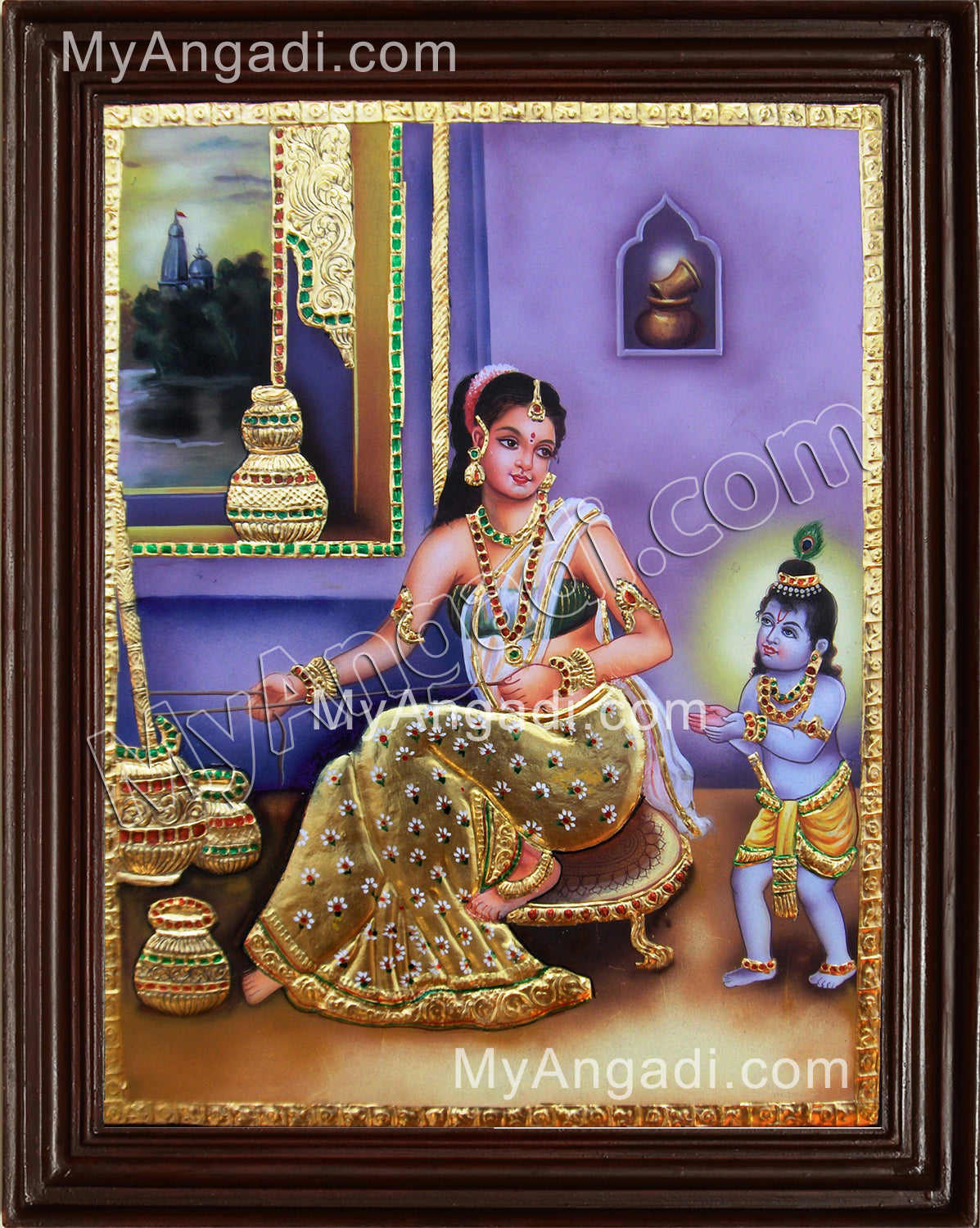 Krishna with Yasotha with Butter Pot Tanjore Painting