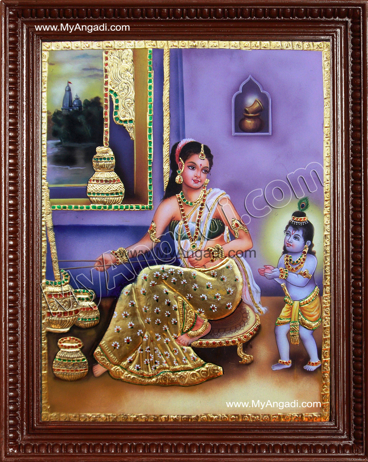 Krishna with Yasotha with Butter Pot Tanjore Painting