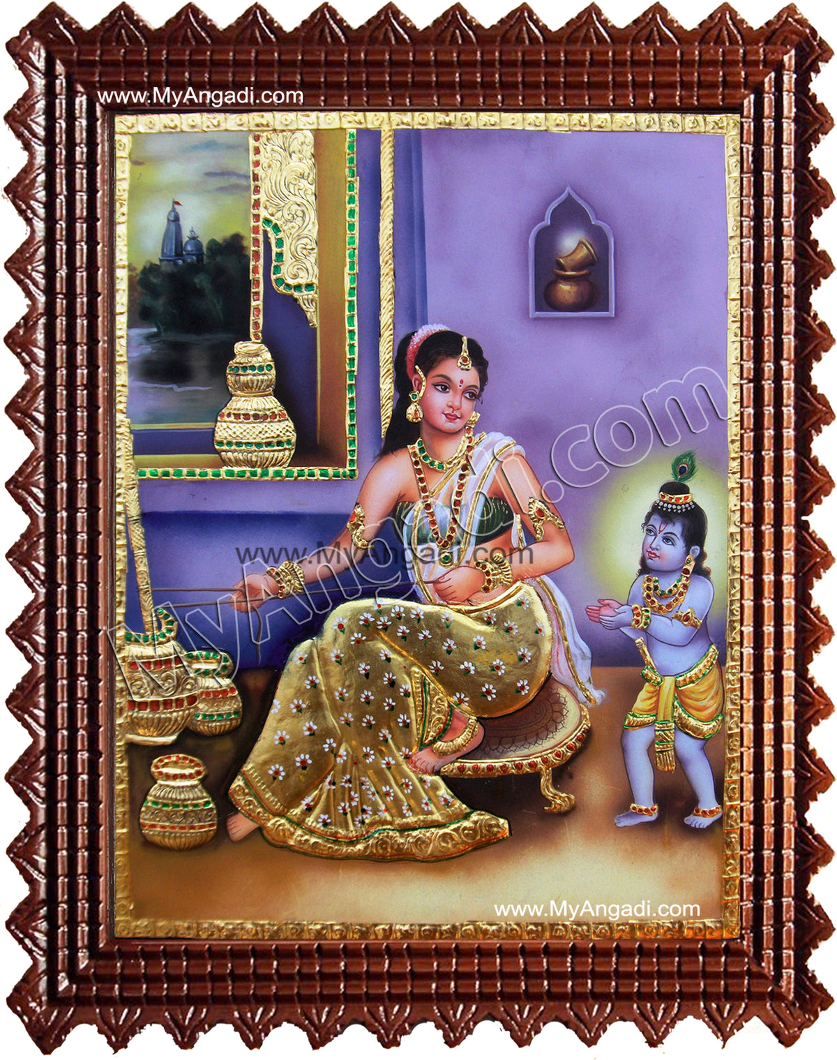 Krishna with Yasotha with Butter Pot Tanjore Painting