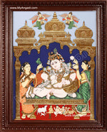 Krishna with Bama and Rukmani Tanjore Painting