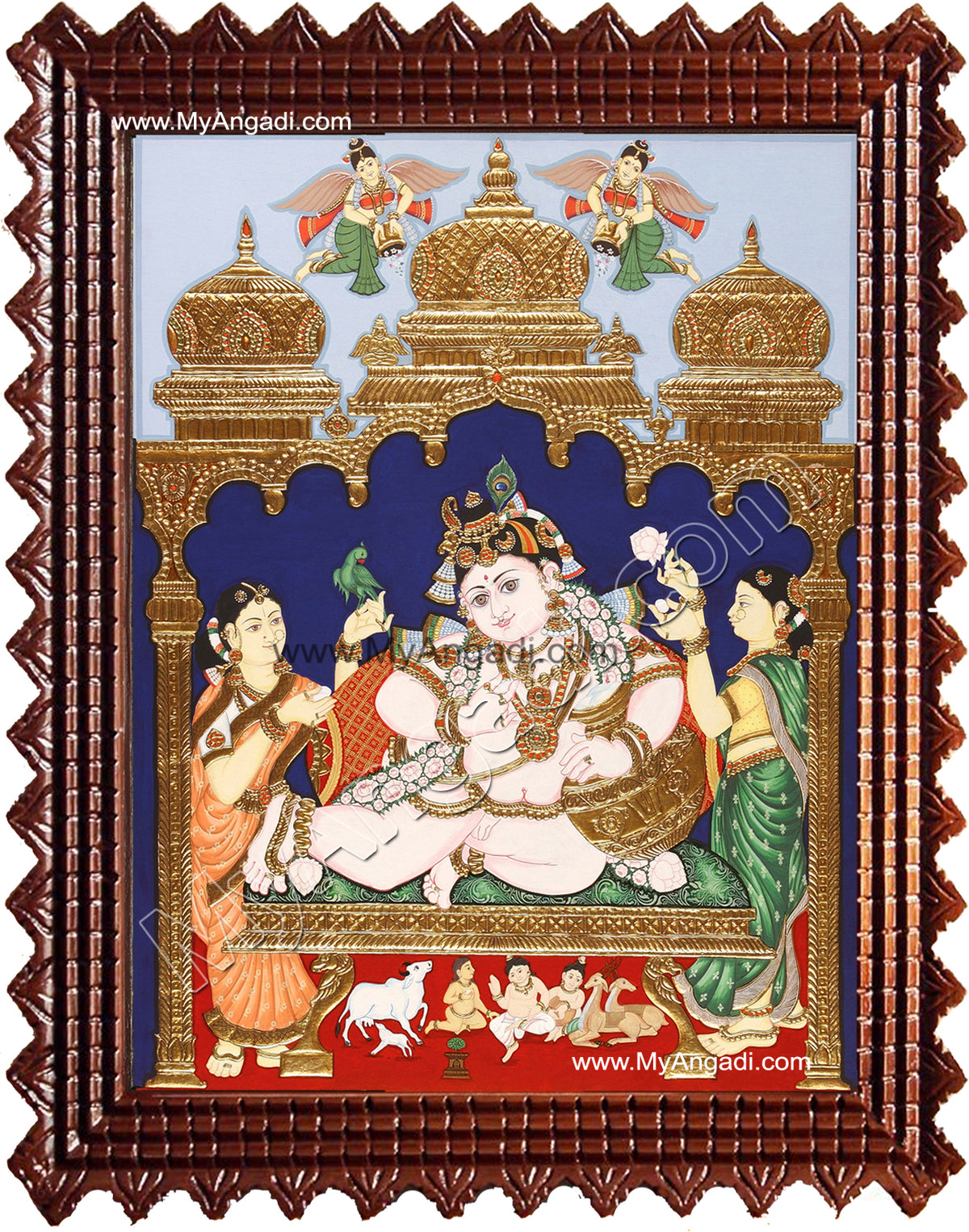 Krishna with Bama and Rukmani Tanjore Painting