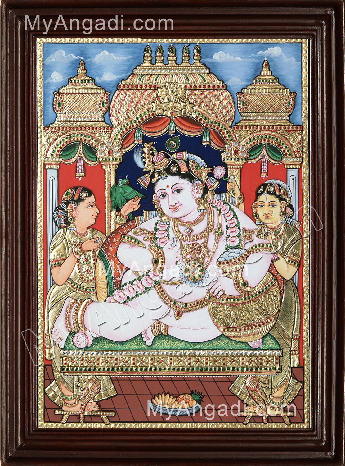 Krishna with Bama and Rukmani Tanjore Painting
