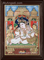 Krishna with Bama and Rukmani Tanjore Painting