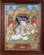 Krishna with Bama and Rukmani Tanjore Painting