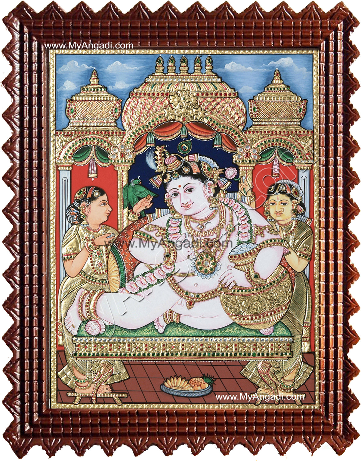 Krishna with Bama and Rukmani Tanjore Painting