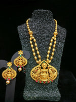 Temple Jewellery - Necklace with Earring -Red and Green Kundan Stone