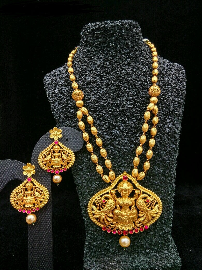 Temple Jewellery - Necklace with Earring -Red Kundan Stone
