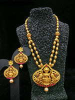 Temple Jewellery - Necklace with Earring -Red Kundan Stone
