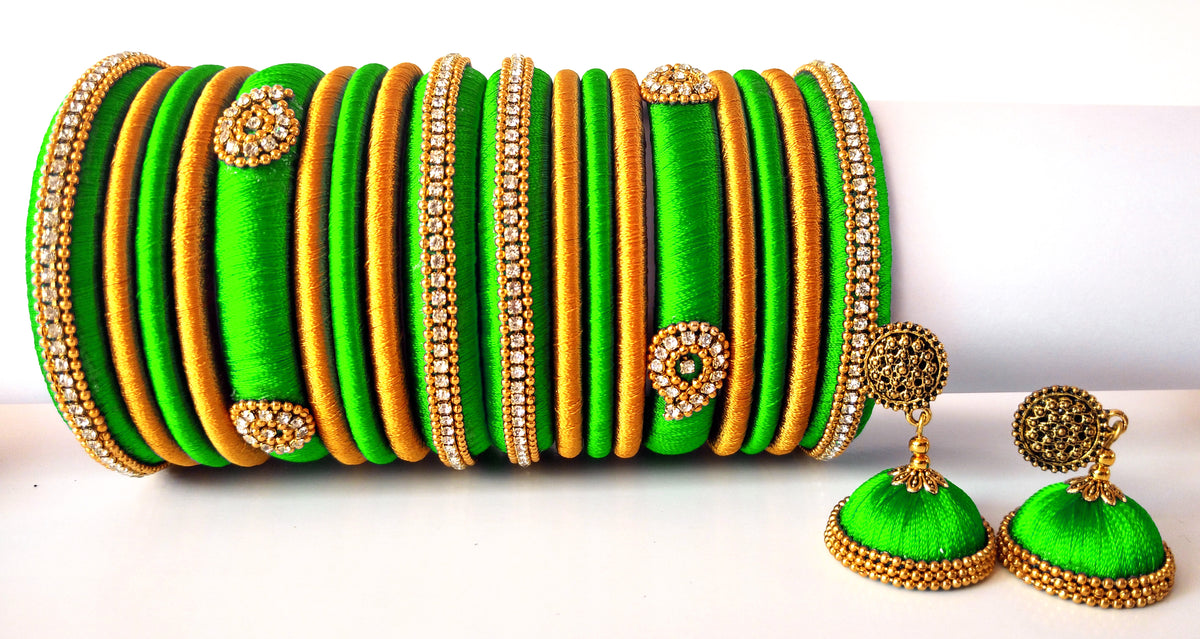 Lime Green Grand Wedding Silk Thread Bangle Set with Jhumka Earrings
