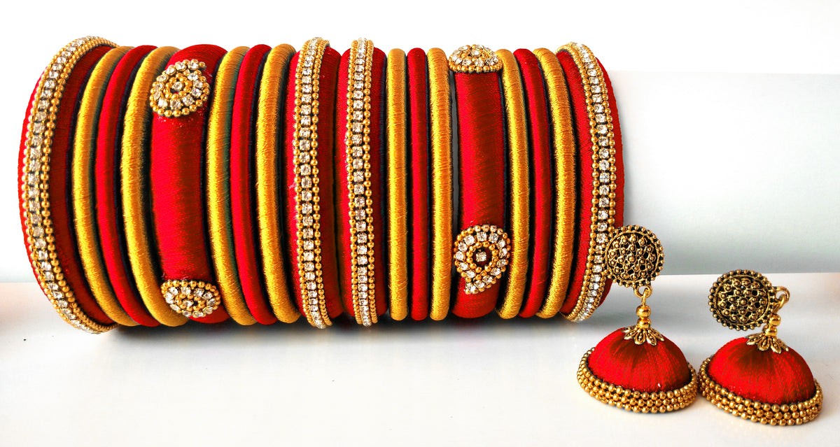 Red Grand Wedding Silk Thread Bangle Set with Jhumka Earrings