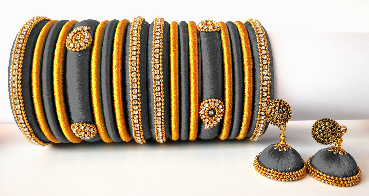 Grey Grand Wedding Silk Thread Bangle Set with Jhumka Earrings