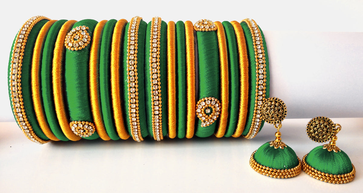 Teal Green Grand Wedding Silk Thread Bangle Set with Jhumka Earrings