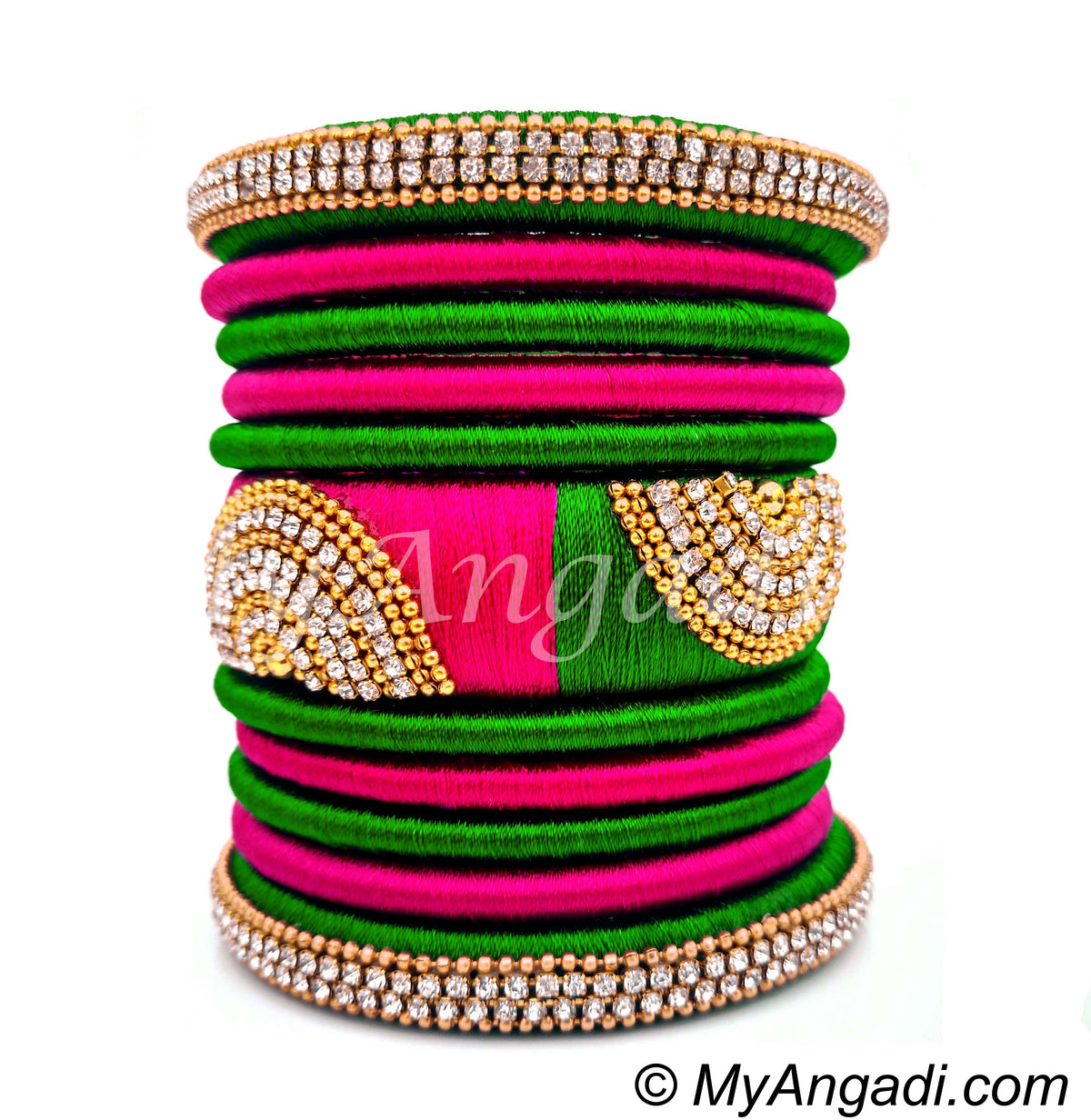 Lime Green - Pink Colour Grand Kada Bridal Silk Thread Bangle Set