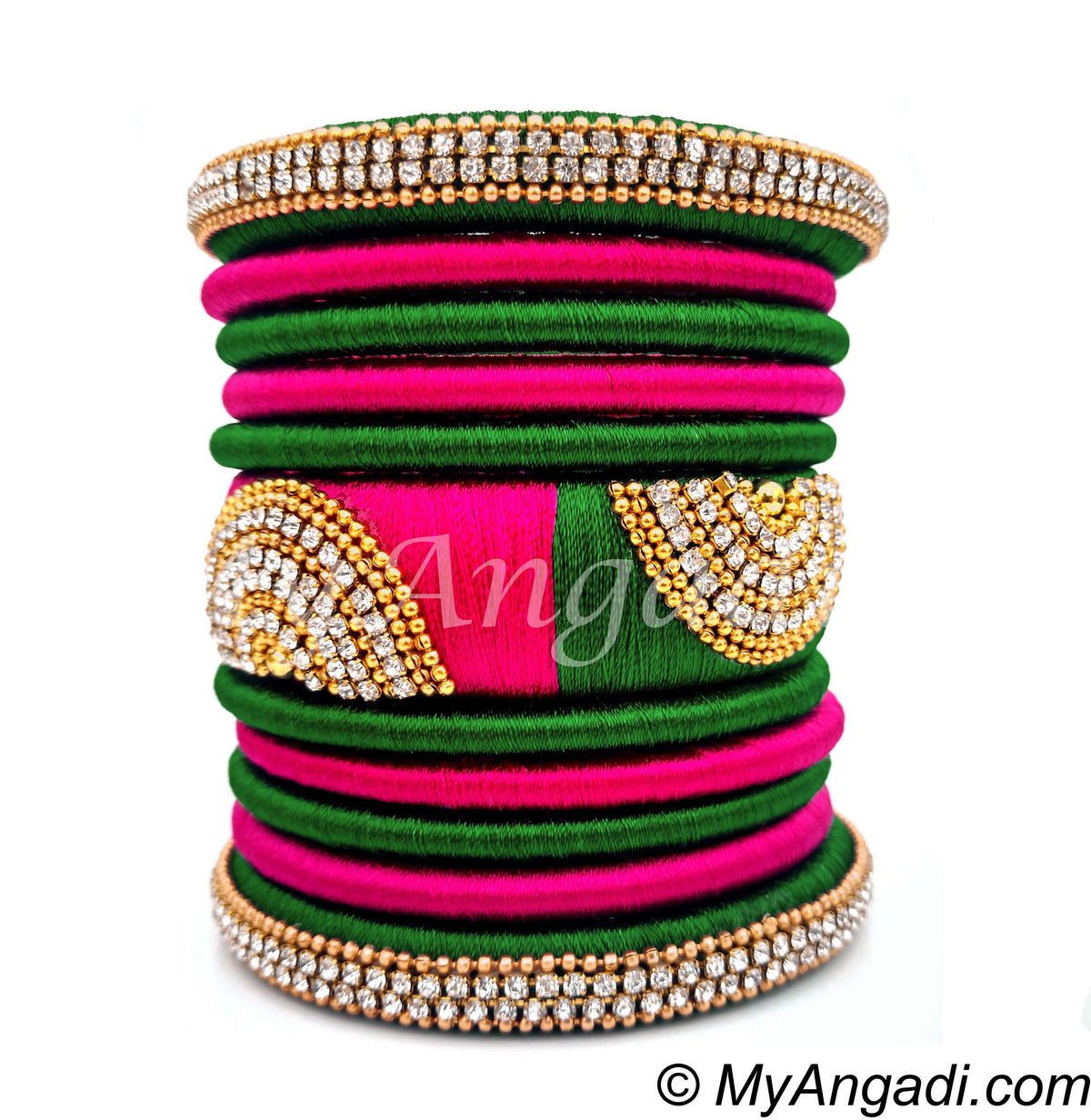 Dark Green - Pink Colour Grand Kada Bridal Silk Thread Bangle Set
