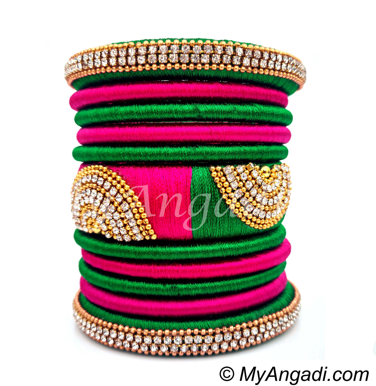 Green - Pink Colour Grand Kada Bridal Silk Thread Bangle Set