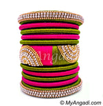Olive Green - Pink Colour Grand Kada Bridal Silk Thread Bangle Set