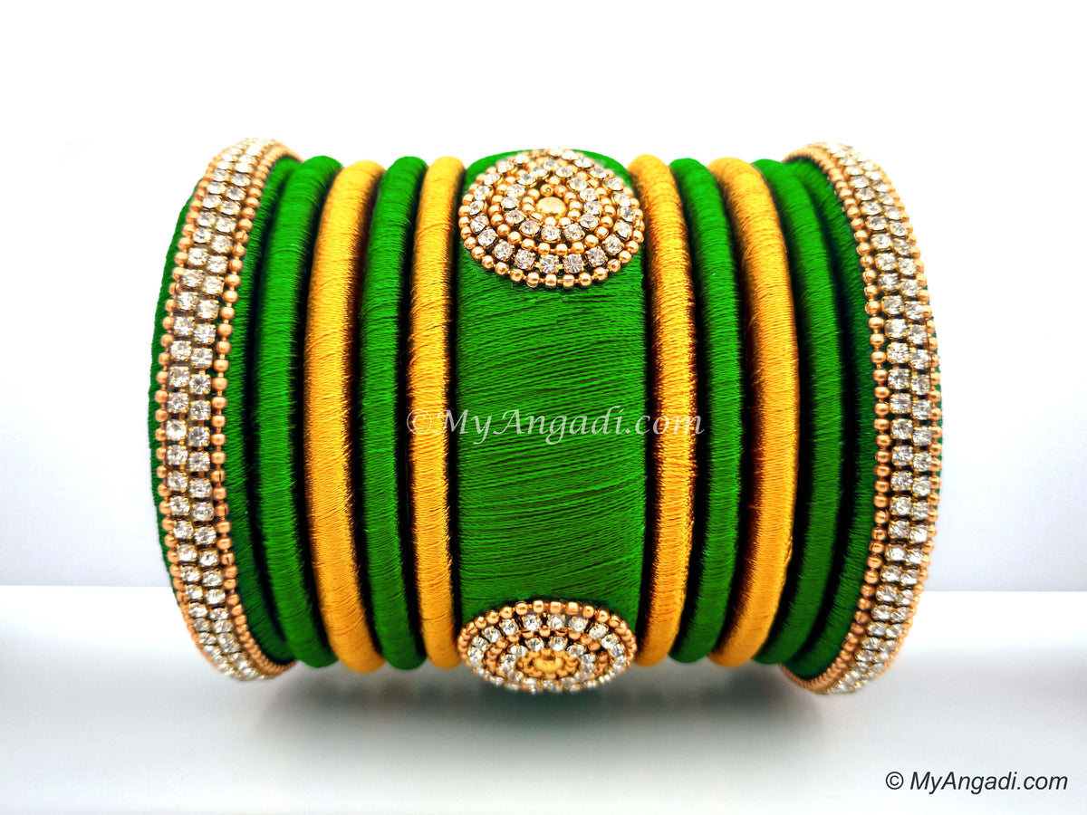 Lime Green with Gold Combination Grand Kada Bridal Silk Thread Bangle Set