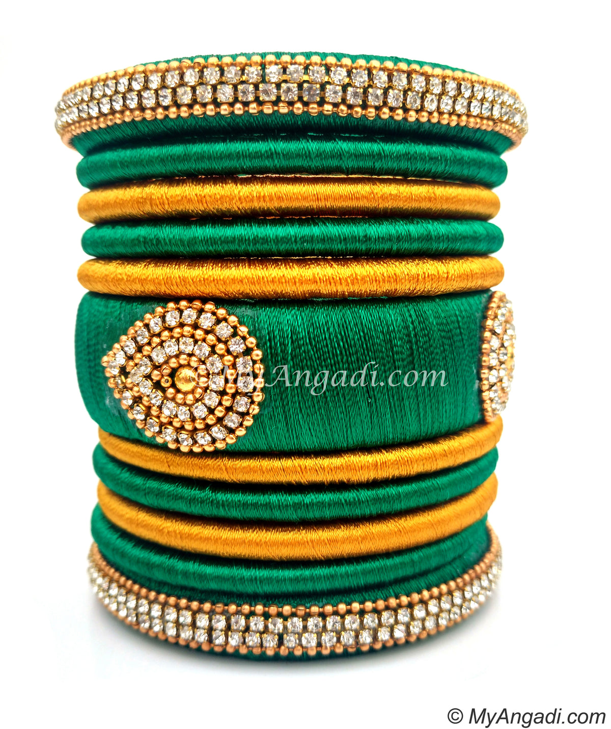 Green with Gold Combination Grand Kada Bridal Silk Thread Bangle Set