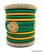 Green with Gold Combination Grand Kada Bridal Silk Thread Bangle Set