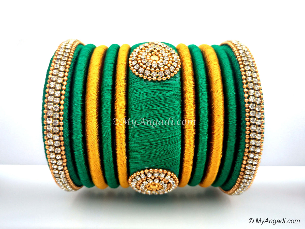 Green with Gold Combination Grand Kada Bridal Silk Thread Bangle Set