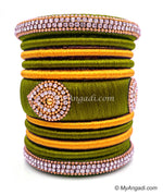 Olive Green with Gold Combination Grand Kada Bridal Silk Thread Bangle Set