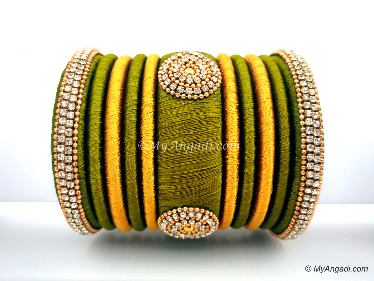 Olive Green with Gold Combination Grand Kada Bridal Silk Thread Bangle Set