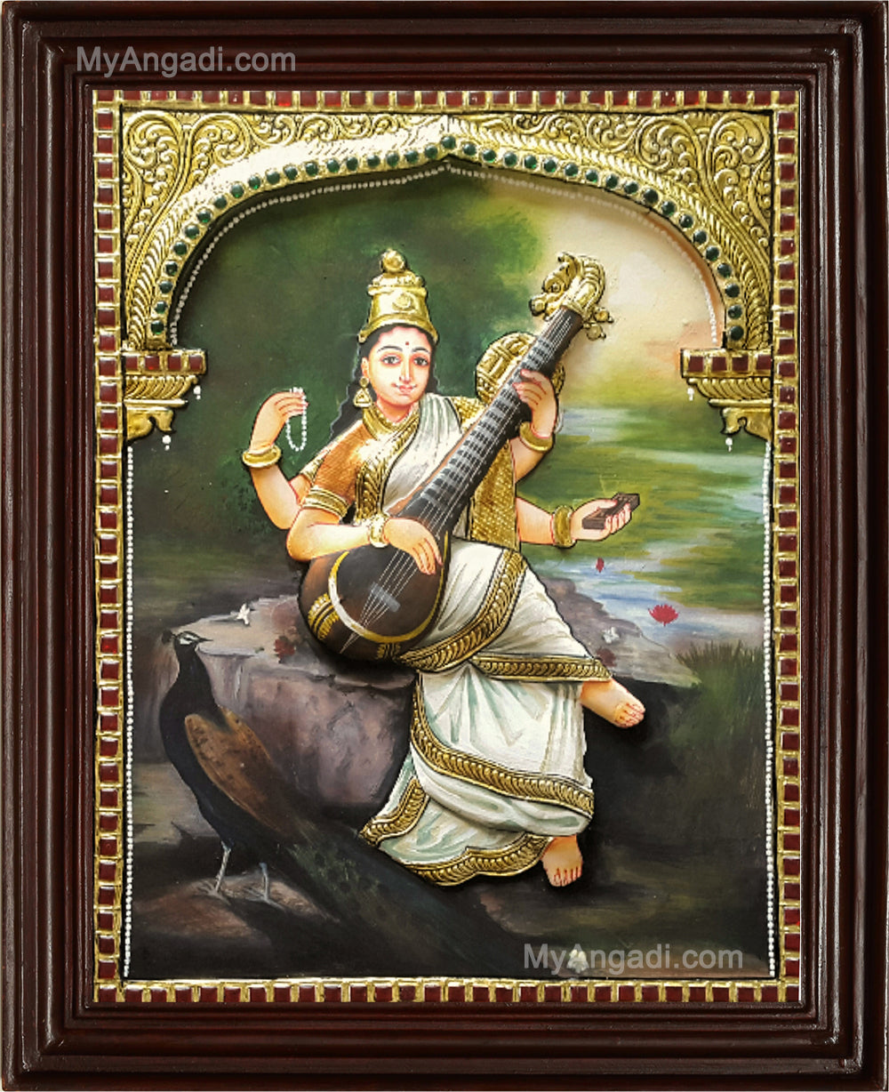 Ravi Varma Saraswathi Double Emboss Tanjore Painting