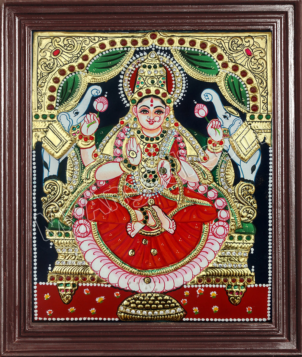 Lakshmi Tanjore Painting Embedded with AD Stones