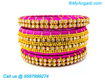 Pink Colour Silk Thread Bangles with Gold Jari