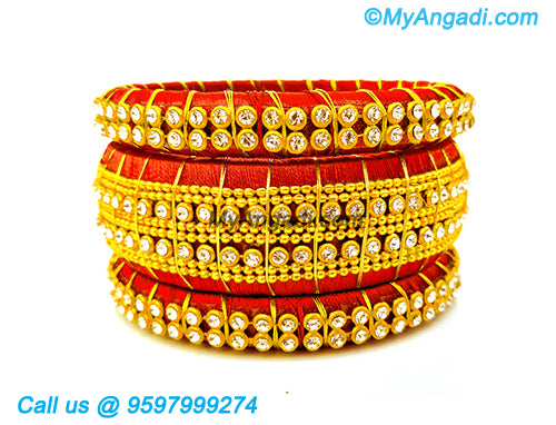 Orange Colour Silk Thread Bangles with Gold Jari