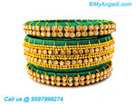 Teal Green Colour Silk Thread Bangles with Gold Jari