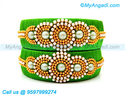 Lime Green Silk Thread Bangles with Pearl
