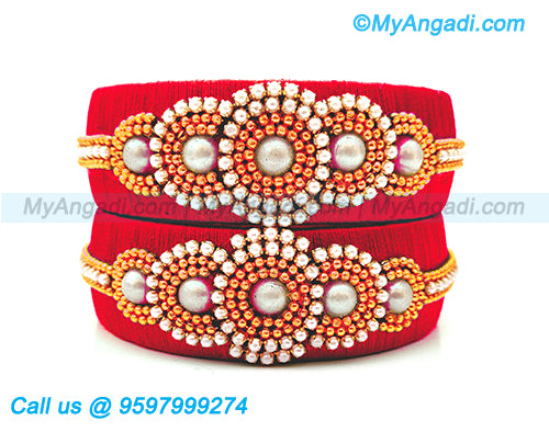 Red Colour Silk Thread Bangles with Pearl