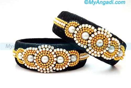 Black colour Silk Thread Bangles with Pearl